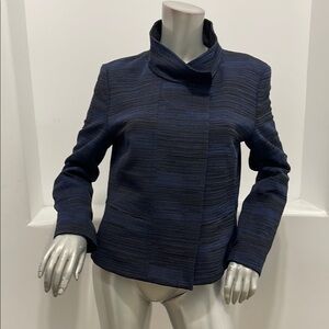 Hugo Boss Blue Black Textured Striped High-Collar Jacket Size 10